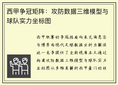 西甲争冠矩阵：攻防数据三维模型与球队实力坐标图