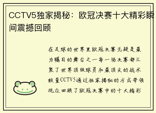CCTV5独家揭秘：欧冠决赛十大精彩瞬间震撼回顾