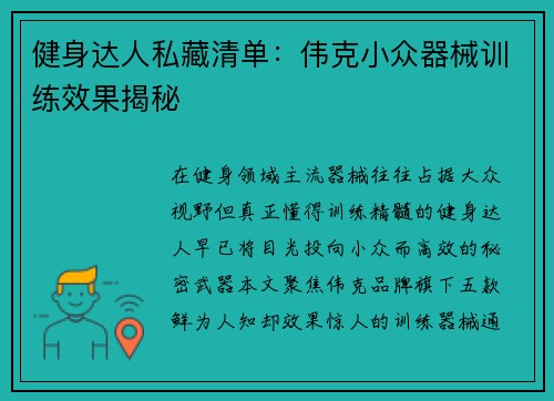 健身达人私藏清单：伟克小众器械训练效果揭秘